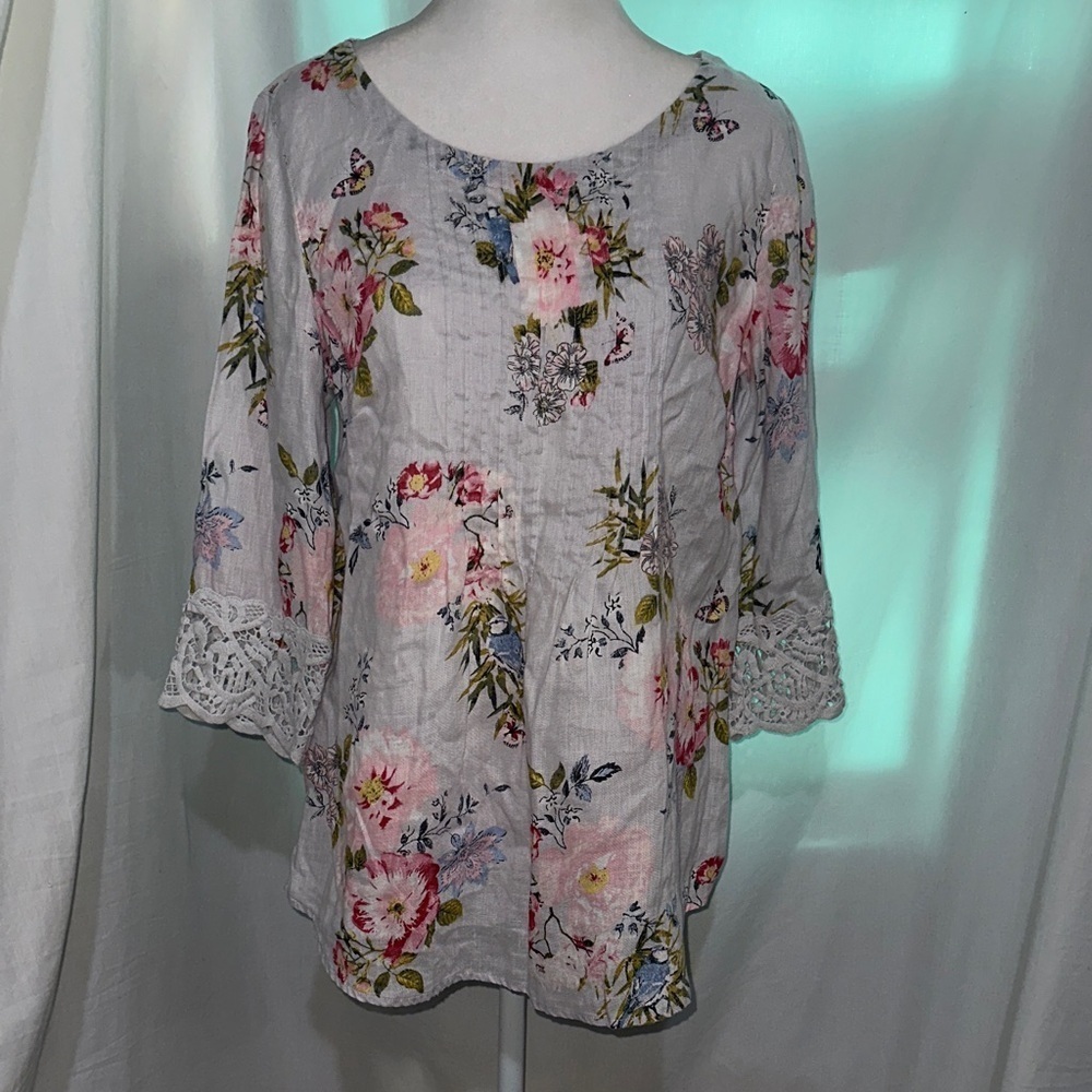 Floral Lace Trim Women's J Jill linen Top size small